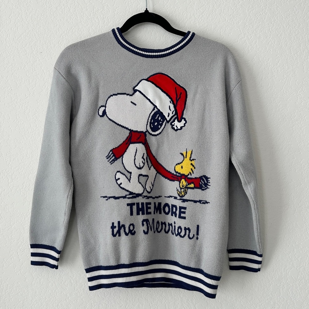 Peanuts Snoopy Woodstock Christmas Sweater Gray Crewneck Holiday